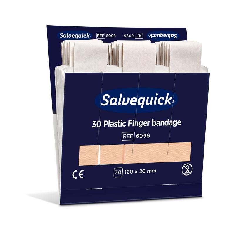 An opened blue-white box from Orkla Wound Care AB with the inscription "Plastic finger bandage, 120 x 20 mm, 30 pcs/Mine | Pack (6 pieces)" contains individually wrapped bandages with size specifications: 120 x 20 mm.