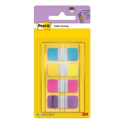 Pacáiste de 3M Post-it® Cluaisíní Innéacs Láidir, Mini (15,8 mm x 38,1 mm), ina bhfuil 40 cluaisín daite (gorm, corcra, bándearg, buí) i dáileoir le haghaidh eagrú éifeachtach doiciméad. Ó 3M Deutschland GmbH.