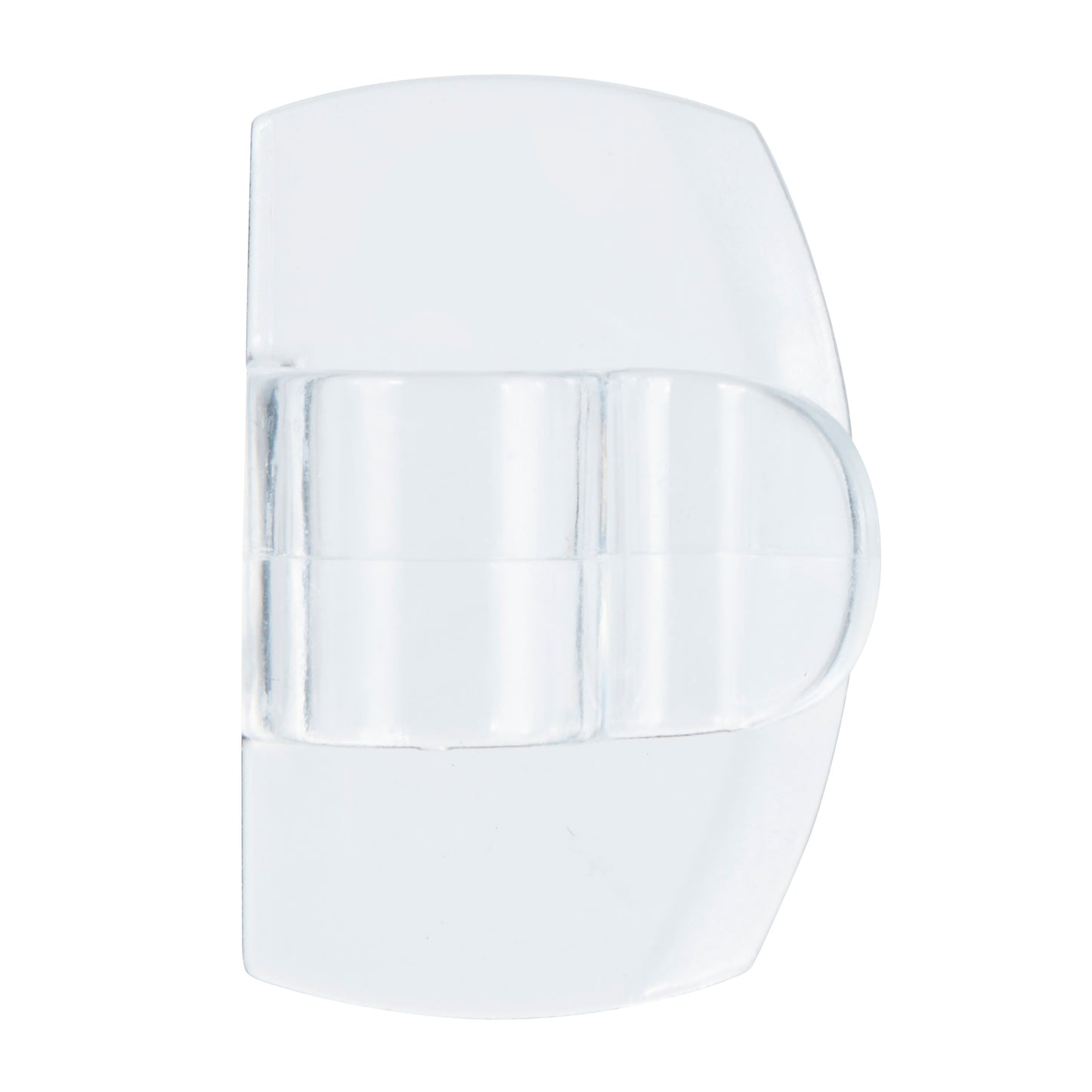 The Command™ transparent clip for round cables (17017CLR) from 3M Deutschland GmbH is a clear, curved plastic clip with a central hinge, symmetrically shaped and depicted on a white background.