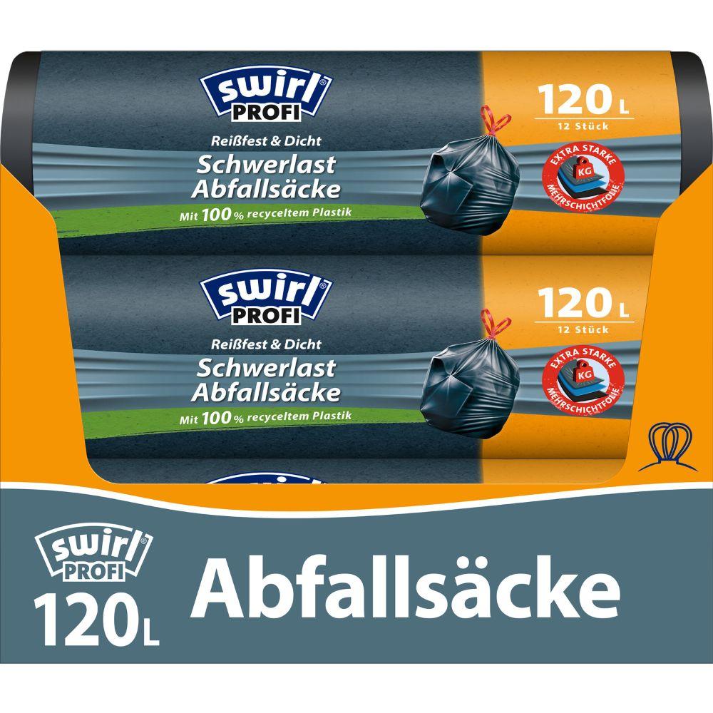 Pictured are two rolls of garbage bags Swirl heavy-duty bags Profi (from Melitta Europa GmbH & Co. KG), each 120L with 12 bags per roll, made from 100% recycled plastic in blue and orange packaging.