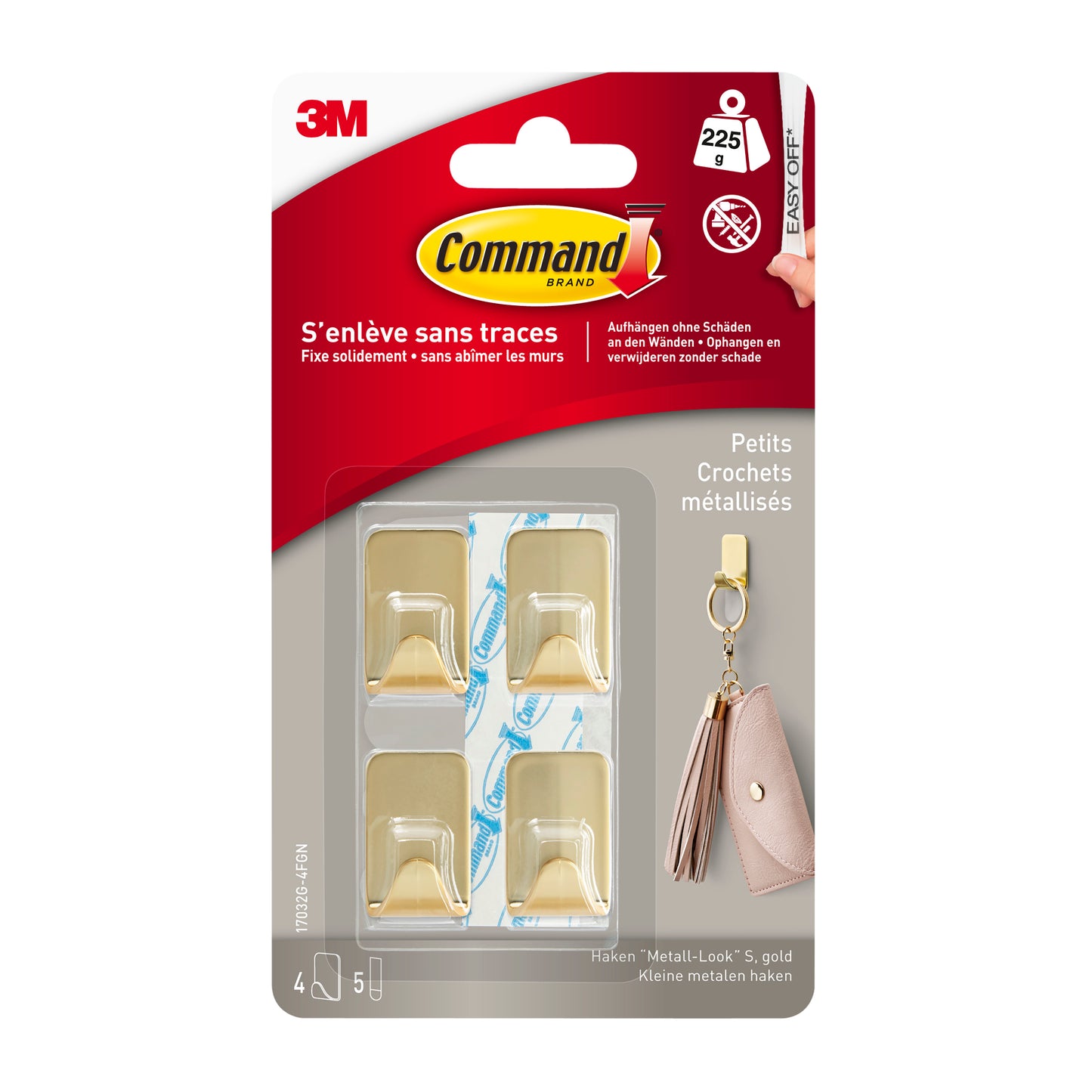The Command™ Metal Hook Size S in gold color (17032BR-4ES) from 3M Deutschland GmbH contains 4 hooks and 5 strips for damage-free hanging - ideal for hanging keychains and more.