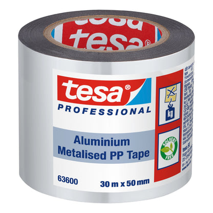 tesa 63600 Aluminum-Coated PP Adhesive Tape, 30 m x 50 mm, aluminum-white, small core