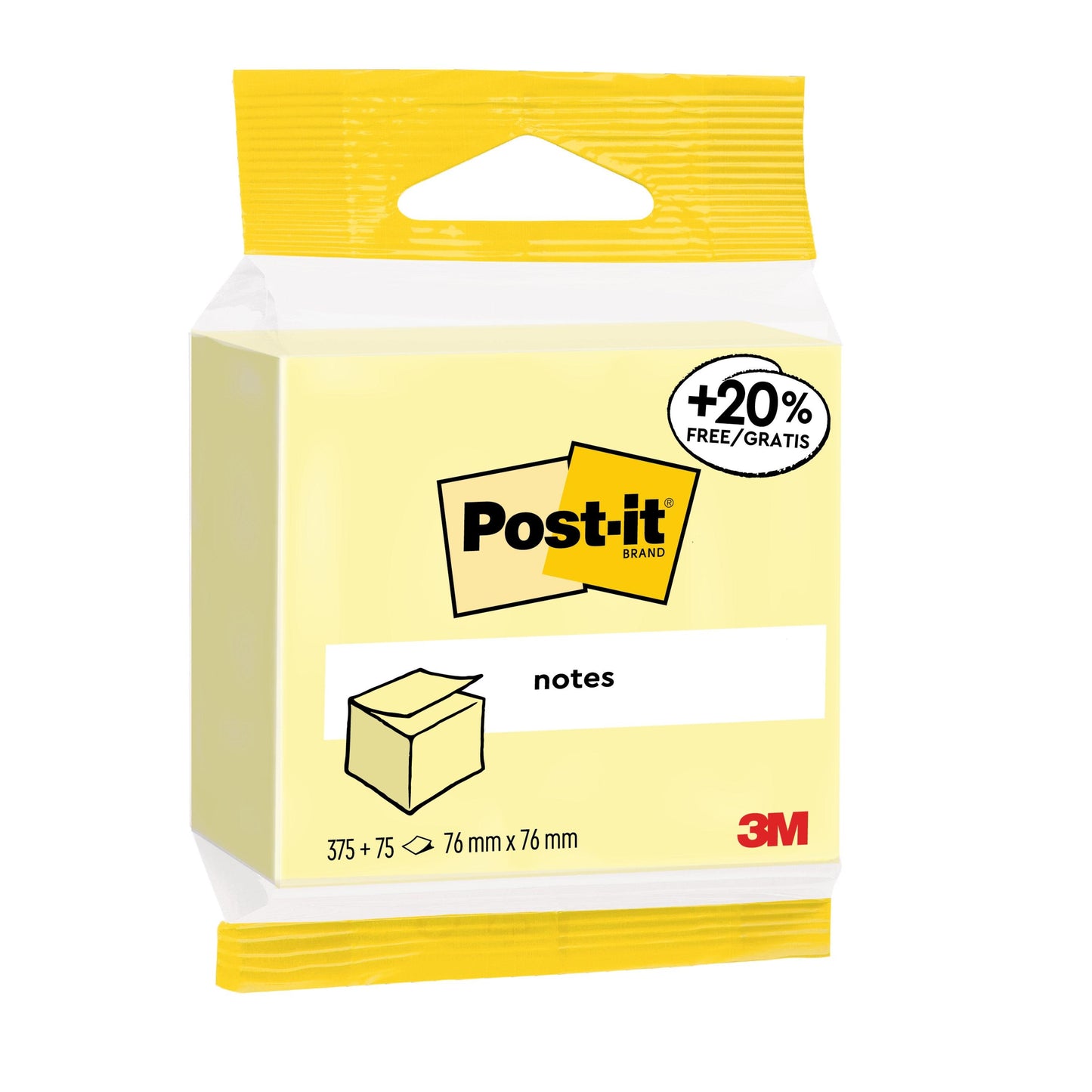 Eine Packung Post-it® Notes (gelb, 76 mm x 76 mm, 450 Blatt) von 3M Deutschland GmbH. Inklusive "+20% gratis", mit Würfelabbildung und PEFC-Zertifizierung (SGSCH-PEFC-COC-110078), 1 Block/Packung.