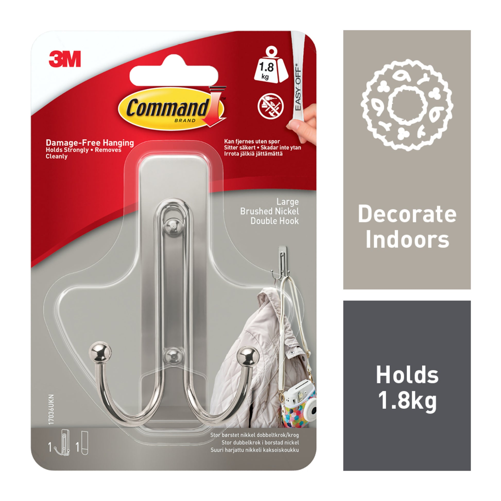 Der Großer Command™ Doppelhaken in gebürstetem Nickel (17036) von 3M Deutschland GmbH trägt bis zu 1,8 kg, kommt verpackt mit 1 Haken und Strip und ist für beschädigungsfreies Aufhängen gedacht - ideal zum Dekorieren im Innenbereich.