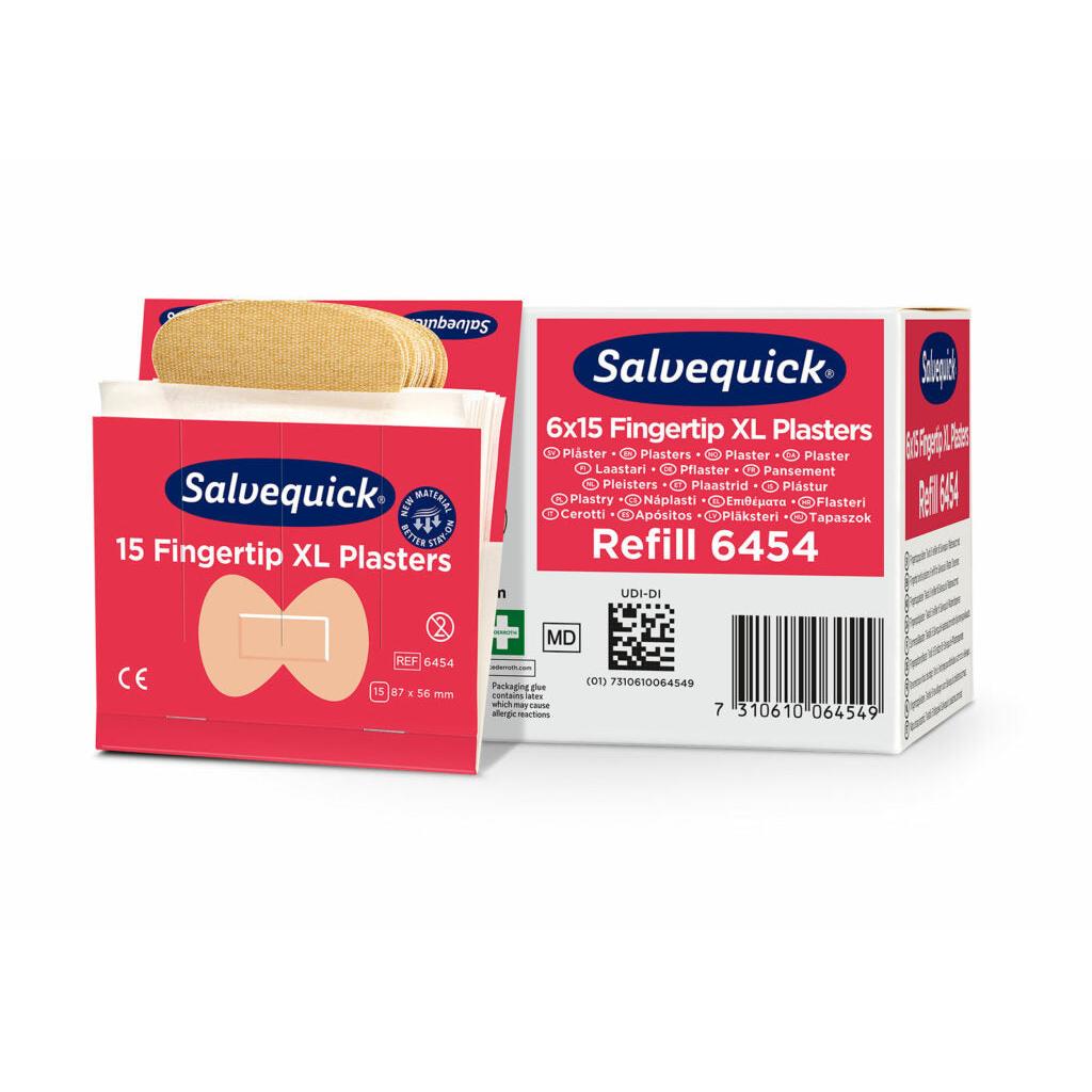 Tá bosca agus pacáiste oscailte de Orkla Wound Care AB XL Plástar Fáiscín Fáiscín, 15 píosa / Mine | Pacáiste (6 phíosa) le feiceáil. Tá faisnéis táirge agus íomhánna de na plástraí fáiscín solúbtha seo sa phacáistiú bán-dearg.