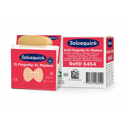 Tá bosca agus pacáiste oscailte de Orkla Wound Care AB XL Plástar Fáiscín Fáiscín, 15 píosa / Mine | Pacáiste (6 phíosa) le feiceáil. Tá faisnéis táirge agus íomhánna de na plástraí fáiscín solúbtha seo sa phacáistiú bán-dearg.