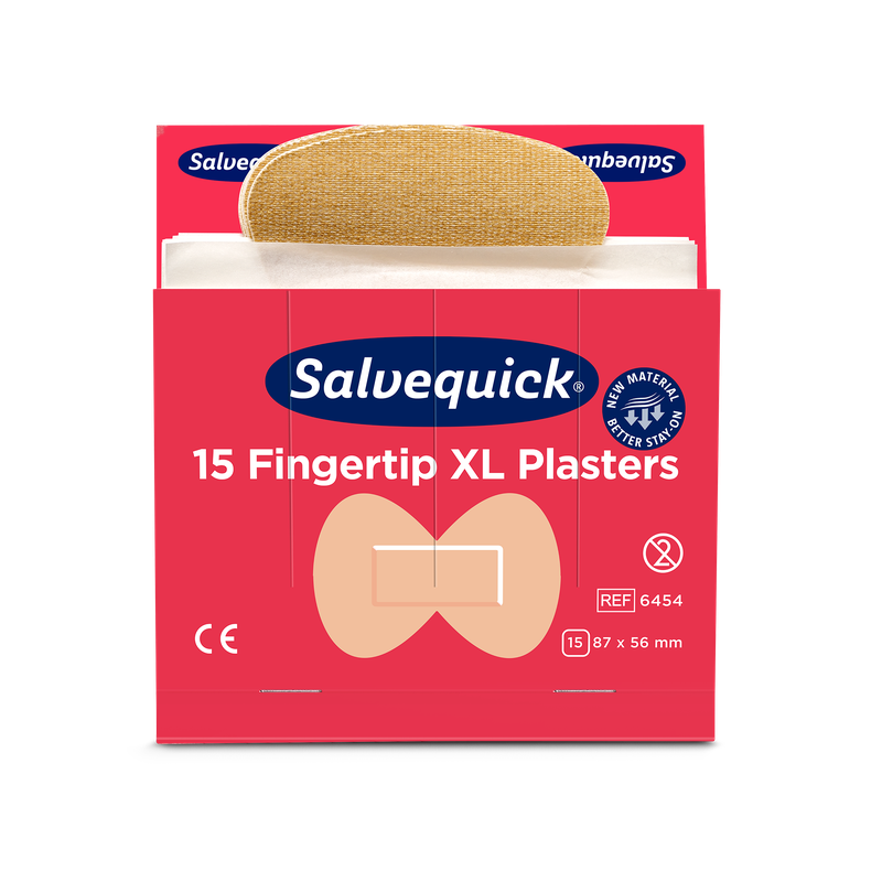 Bosca dearg Orkla Wound Care AB XL Plástar Fáiscín Fáiscín, 15 píosa / Mine (pacáiste 6 phíosa), le plástar a baineadh go páirteach. Tá an comhartha CE, na toisí agus íomhá den fhoirm fáiscín le feiceáil ar an bpacáistiú.