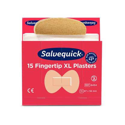 Bosca dearg Orkla Wound Care AB XL Plástar Fáiscín Fáiscín, 15 píosa / Mine (pacáiste 6 phíosa), le plástar a baineadh go páirteach. Tá an comhartha CE, na toisí agus íomhá den fhoirm fáiscín le feiceáil ar an bpacáistiú.