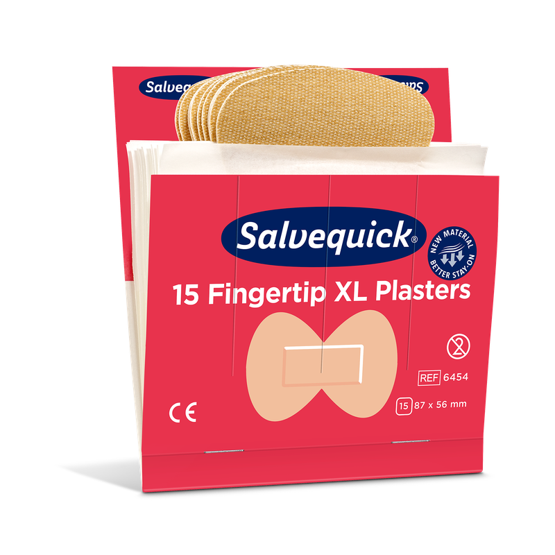 Pacáiste de Orkla Wound Care AB XL Plástar Fáiscín Fáiscín (15 píosa / Mine | Pacáiste, 6 phíosa) le plástraí beaga solúbtha i mbosca dearg-bán, gach plástar 87 x 56 mm ar mhéid.