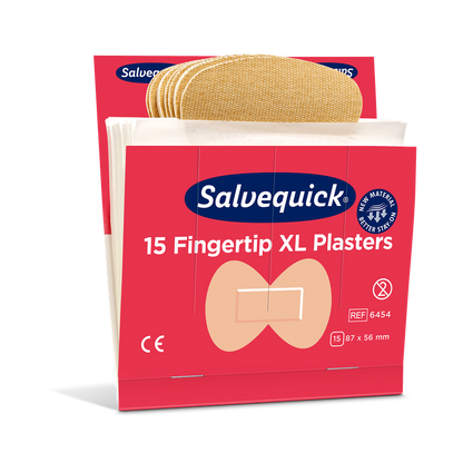 Pacáiste de Orkla Wound Care AB XL Plástar Fáiscín Fáiscín (15 píosa / Mine | Pacáiste, 6 phíosa) le plástraí beaga solúbtha i mbosca dearg-bán, gach plástar 87 x 56 mm ar mhéid.