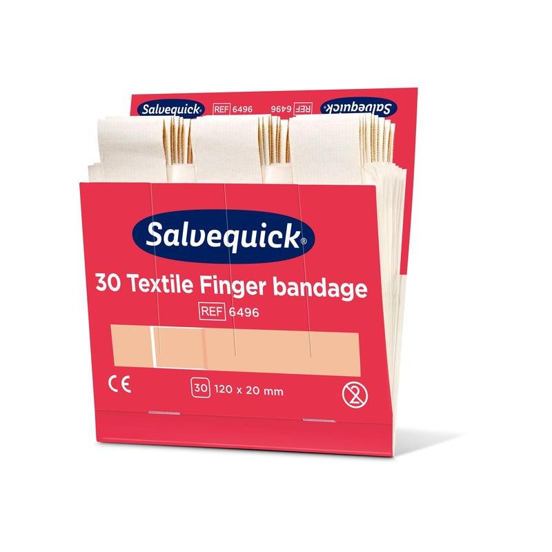 A pack of Orkla Wound Care AB Textile Finger Bandage, 120 x 20 mm, 30 pcs/refill (pack of 6 pieces), shows several beige bandages and product information on the box.