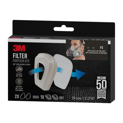 Eine Packung 3M™ Partikelfilter 5935, P3 (2 Paar) und Filterhalterung 501 (1 Paar) von 3M Deutschland GmbH, mit P3-Filterung, Kompatibilität mit 3M-Masken und detaillierten Verpackungsinformationen.