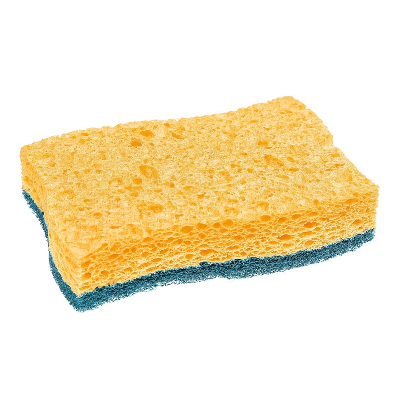 The Scotch-Brite® Delicate non-scratch natural fiber cleaning sponge from 3M Germany GmbH, rectangular and yellow with a rough blue underside, is ideal for delicate surfaces. 2 pieces per pack, depicted on a white background.
