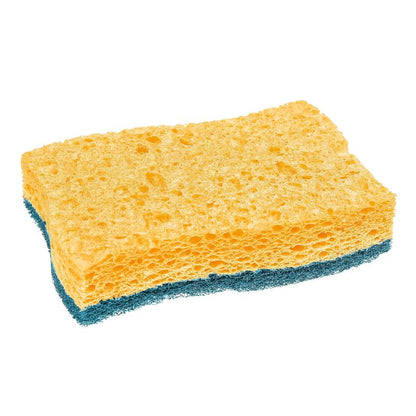 The Scotch-Brite® Delicate non-scratch natural fiber cleaning sponge from 3M Germany GmbH, rectangular and yellow with a rough blue underside, is ideal for delicate surfaces. 2 pieces per pack, depicted on a white background.