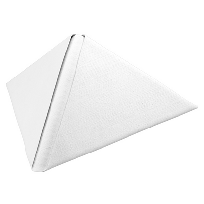 A triangular folded Duni Dunilin® napkin 48 x 48 cm White by Duni GmbH stands out against the white background and emphasizes its fabric-like texture and subtle pattern.