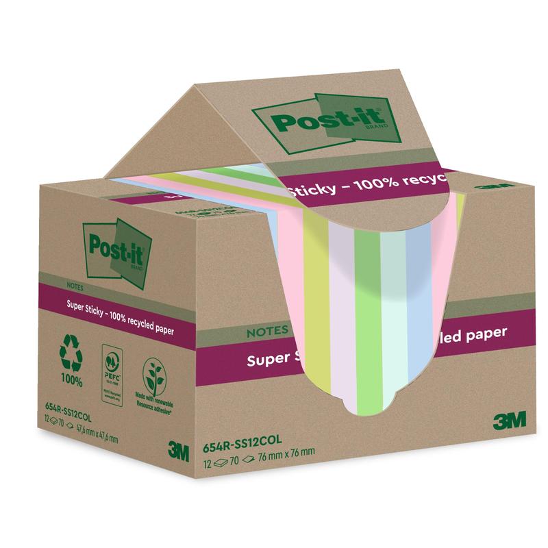 Bosca de Nótaí Athchúrsála 100% Super Sticky Post-it® 3M (76 mm x 76 mm, 70 bileog, PEFC-deimhnithe) i dathanna pastel éagsúla, le pacáistiú atá neamhdhíobhálach don chomhshaol le béim ar ghlas agus corcra.