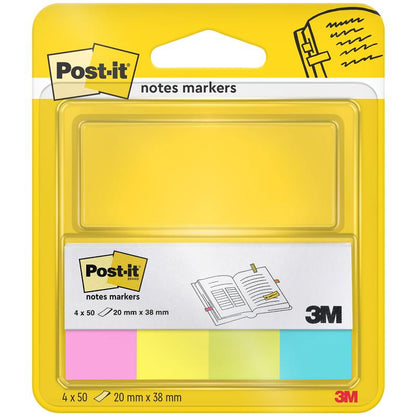A pack of Post-it® Page Markers from 3M Deutschland GmbH contains four pads in the size 20 mm x 38 mm (each with 50 sheets, 100% PEFC) in the colors yellow, pink, green, and blue. The packaging is decorated with a book illustration and product information.