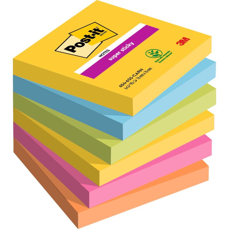 A stack of seven Post-it® Super Sticky Notes, 76 mm x 76 mm, 90 sheets/block, in various colors, with the top yellow block showing the Post-it and 3M logo. Made by 3M Deutschland GmbH, 100% PEFC certified.