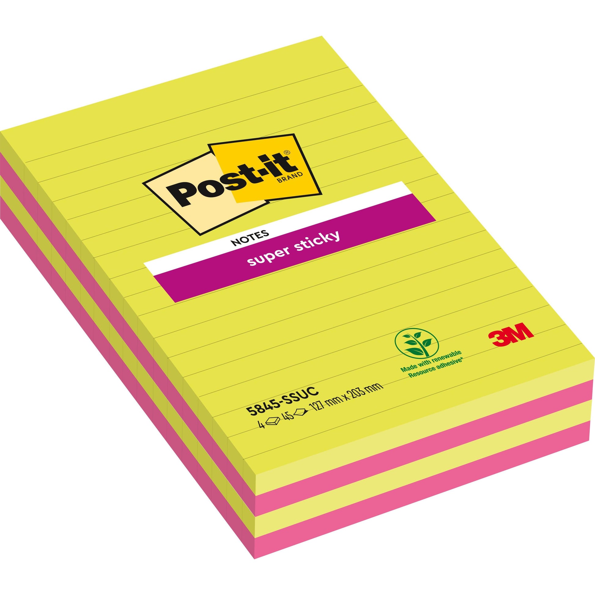 Ein Stapel großer, gefütterter Post-it® Super Sticky Notes in verschiedenen Farben der 3M Deutschland GmbH ist schräg abgebildet. Auf der Verpackung sind das Post-it-Logo, Produktdetails und ein Symbol für die 100%ige PEFC-Nachhaltigkeitszertifizierung zu sehen.