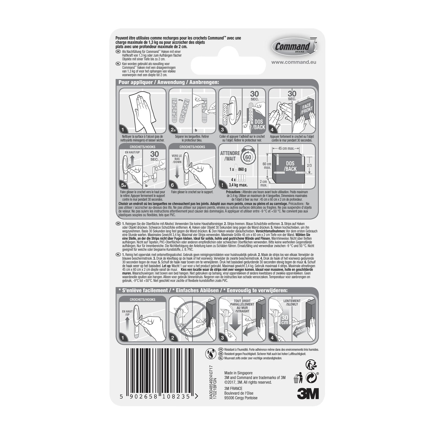The Command™ Strips 17021B, waterproof (Size M, 10/pack) from 3M Deutschland GmbH feature illustrated application instructions, safety instructions, multilingual text, barcode, and the 3M logo - ideal for mounting without drilling in the bathroom.