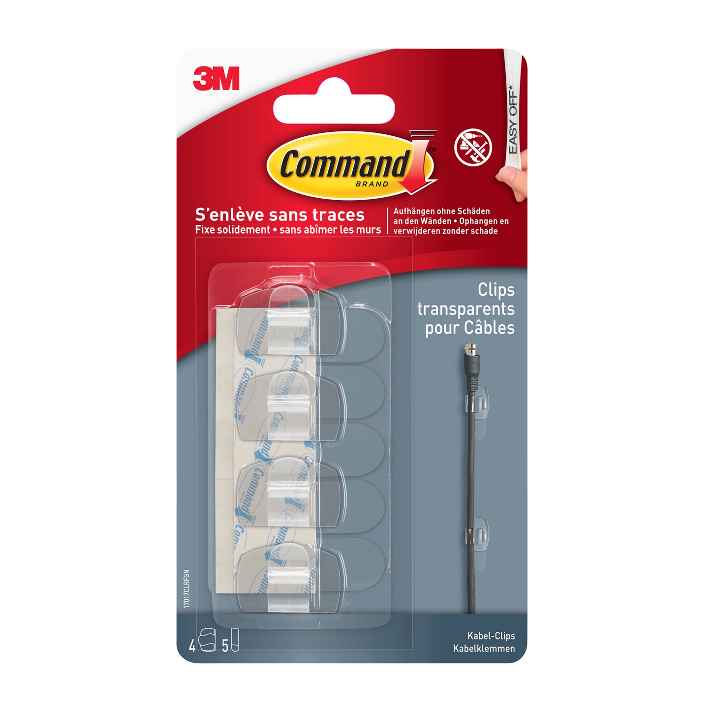 Pictured is a pack of Command™ transparent clips for round cables, 17017CLR from 3M Deutschland GmbH. The red and clear packaging contains 4 clips + 5 strips, with text in English, French, and German.