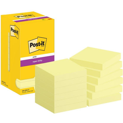 A yellow box labeled "Post-it® Super Sticky Notes, 76 mm x 76 mm, 90 sheets/block" from 3M Deutschland GmbH is shown next to several stacks of yellow square sticky note pads in two groups.