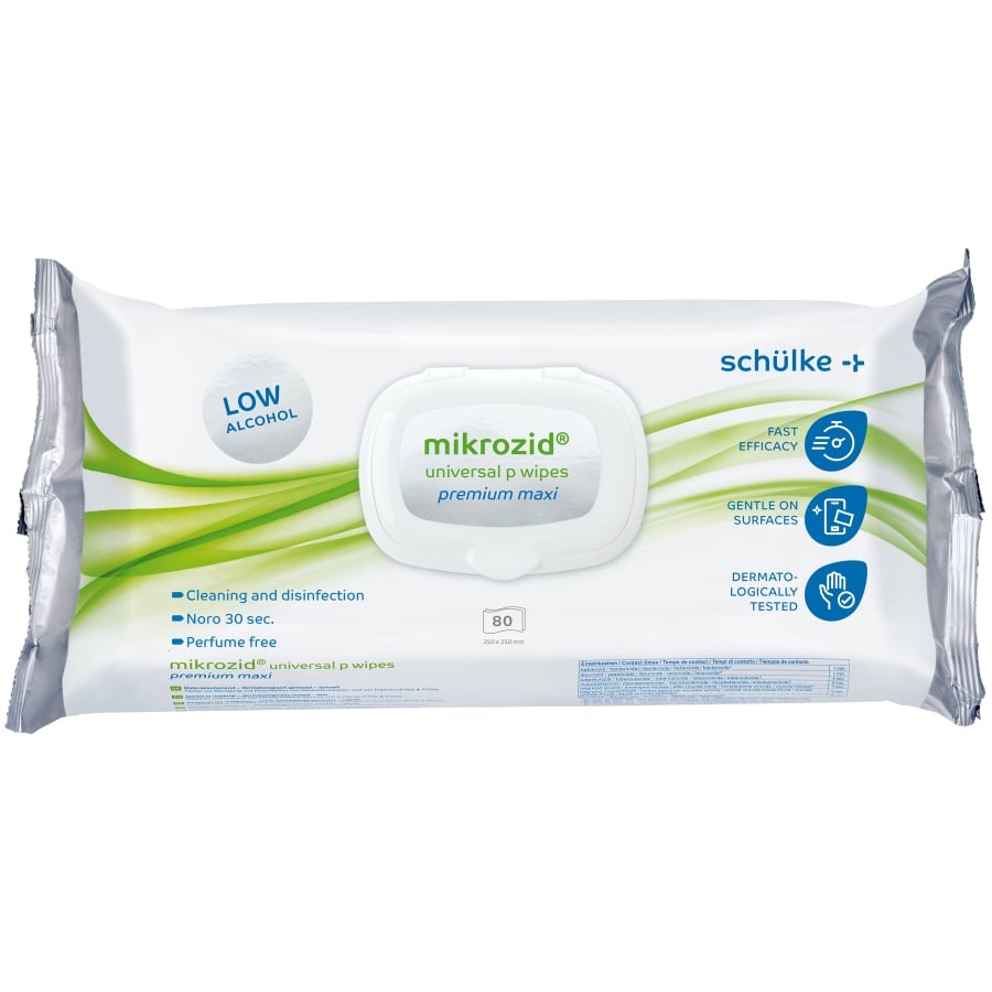 wipes dífhabhtán Schülke préimhe mikrozid® uilíoch p wipes - Premium Maxi | Pacáiste (80 wipes)