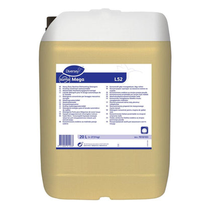 A 20-liter plastic container from Diversey Deutschland GmbH & Co. OHG Suma Mega L52 dishwashing detergent for soft water, with a white lid and a blue-white label with product details and multilingual instructions.
