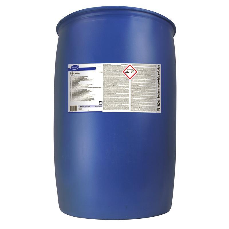A large blue plastic drum from the company Diversey Deutschland GmbH & Co. OHG, labeled with text and hazard symbols, contains Suma Mega L52 dishwashing detergent for soft water and stands upright against a white background.