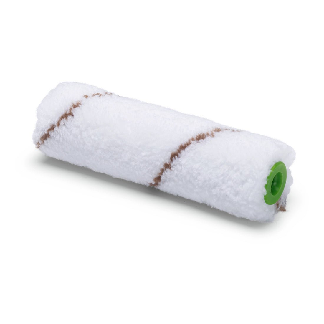 A Nölle Profi Brush microfiber small area roller 10 cm, 9 mm pile height from Nölle Profi Brush Bürsten- & Pinseltechnik e.K., ideal for small area painting, with two brown stripes and a green end, on a white background.