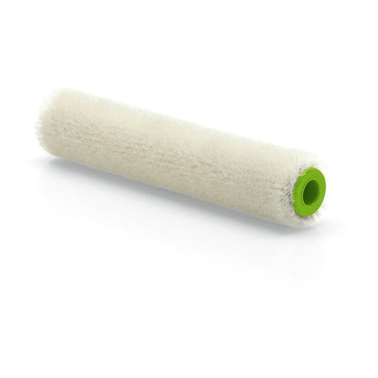 The Nölle Profi Brush Mohair Paint Roller, 10 cm (4 mm pile height), from Nölle Profi Brush Bürsten- & Pinseltechnik e.K., is ideal for smooth surfaces and features a white cylindrical cover with a green plastic core on a white background.