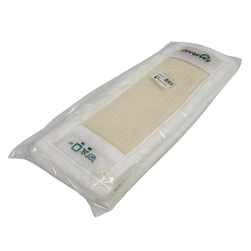 Packed TASKI Multimop Combi 40 from Diversey Deutschland GmbH & Co. OHG with white-beige fabric, outer microfiber edges, inner cotton-polyester blend, loop tufting for dirt absorption and glide ability - 1 piece per package with care symbols and product label.