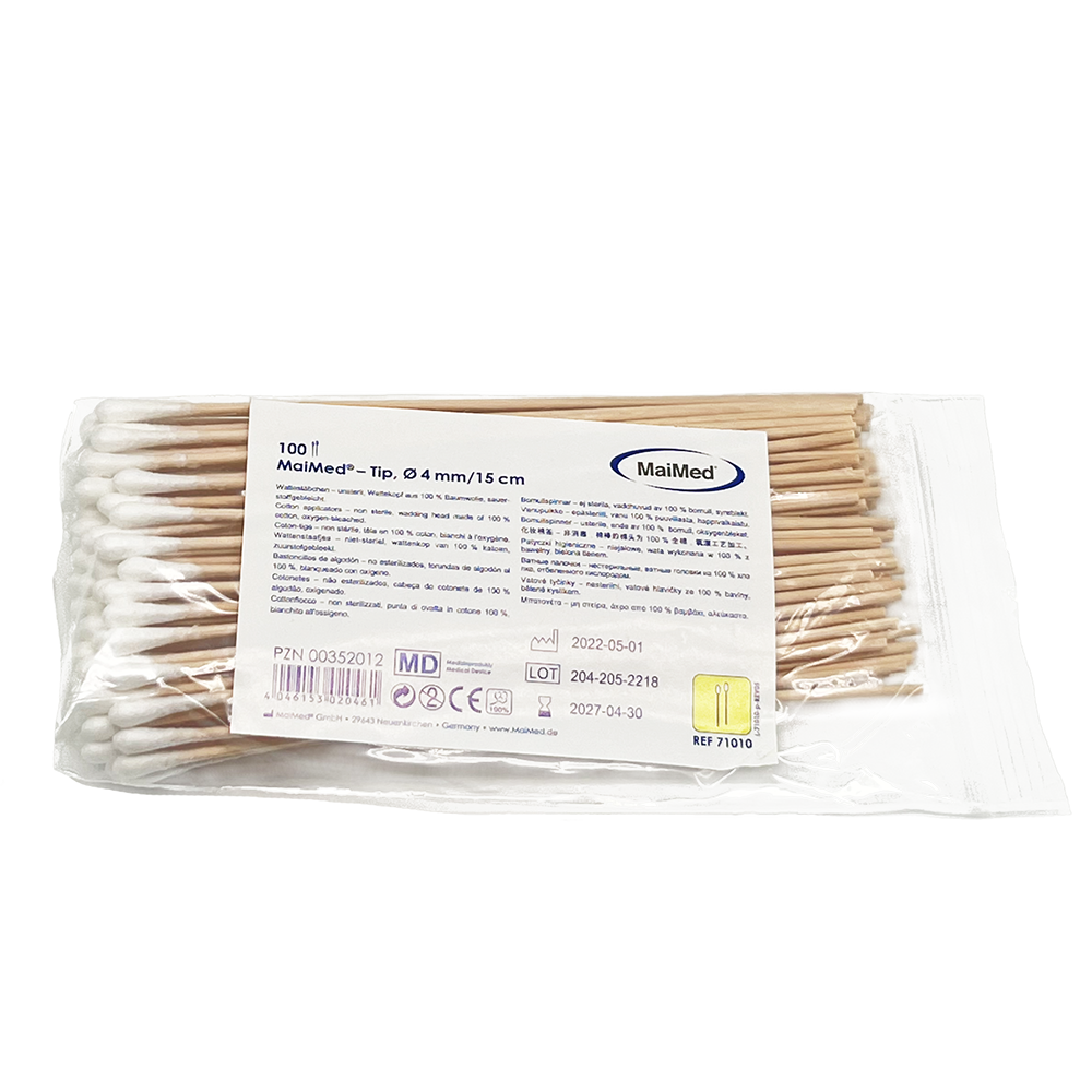 MaiMed - Tip non-sterile cotton swab, 15 cm long, wooden stick | Pack (100 pieces)