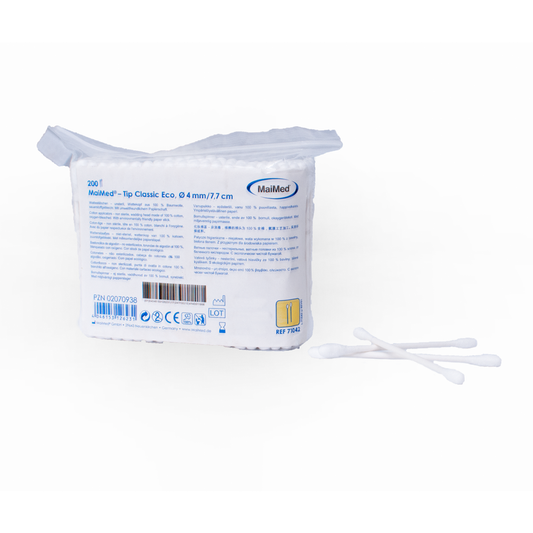 MaiMed -Tip Classic ECO (ceann beag) táithíní cadáis neamh-steiriúla, bata cairtchláir, 200 píosa/mála | Pacáiste (200 píosa)