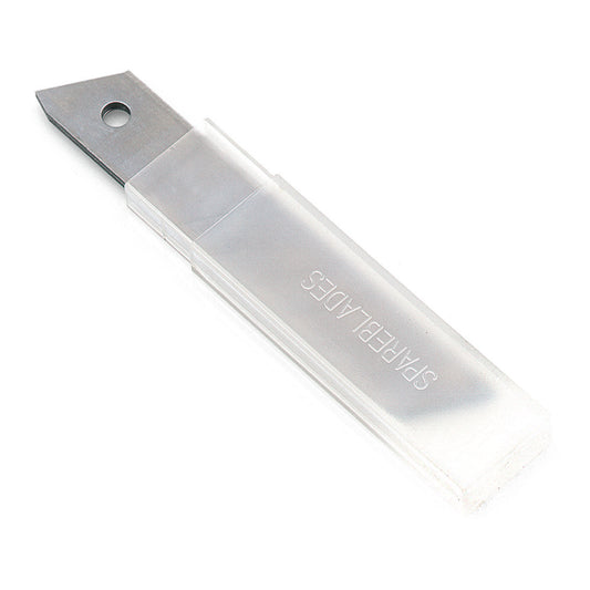 Ein rechteckiges transparentes Etui mit der Aufschrift "SPARE BLADES" enthält Nölle Profi Brush Abbrechklingen von Nölle Profi Brush Bürsten- & Pinseltechnik e.K., wobei eine hochwertige Klinge teilweise sichtbar ist und ein Loch in der Nähe des Randes aufweist.