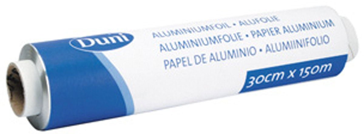 A roll of aluminum foil, a "Silver ALU" refill roll from Duni GmbH in white-and-blue packaging, labeled "30 cm x 150 m" with information in several languages—ideal as a refill roll for the kitchen.