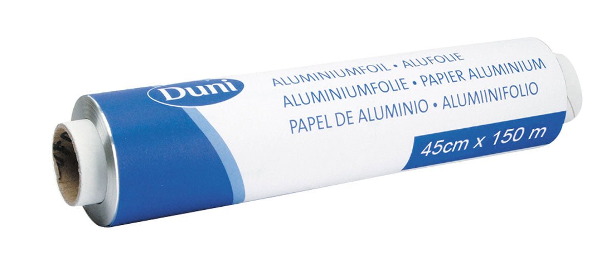 The aluminum foil, "Silver ALU" refill roll from Duni GmbH, comes in blue and white packaging, features multilingual labeling, and measures 45 cm x 150 m—perfect for any kitchen.