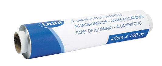 Die Aluminiumfolie, Nachfüllrolle Silber ALU von Duni GmbH kommt in blauer und weißer Verpackung, ist mehrsprachig beschriftet und misst 45 cm x 150 m - perfekt für jede Küche.