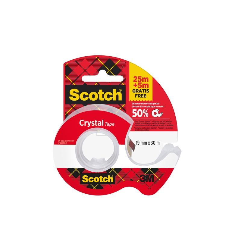 A roll of Scotch® Crystal Tape (19mm x 25m) plus 5m FREE on a hand dispenser, from 3M Deutschland GmbH, in a clear dispenser with classic red-yellow packaging.