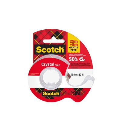 A roll of Scotch® Crystal Tape (19mm x 25m) plus 5m FREE on a hand dispenser, from 3M Deutschland GmbH, in a clear dispenser with classic red-yellow packaging.