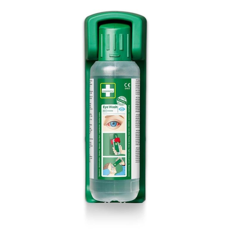 A wall mount (for eye wash 500 ml) from Orkla Wound Care AB, including a glow-in-the-dark instruction sign, for the safe storage of an eye wash bottle with emergency eye wash instructions. The package contains 1 piece.