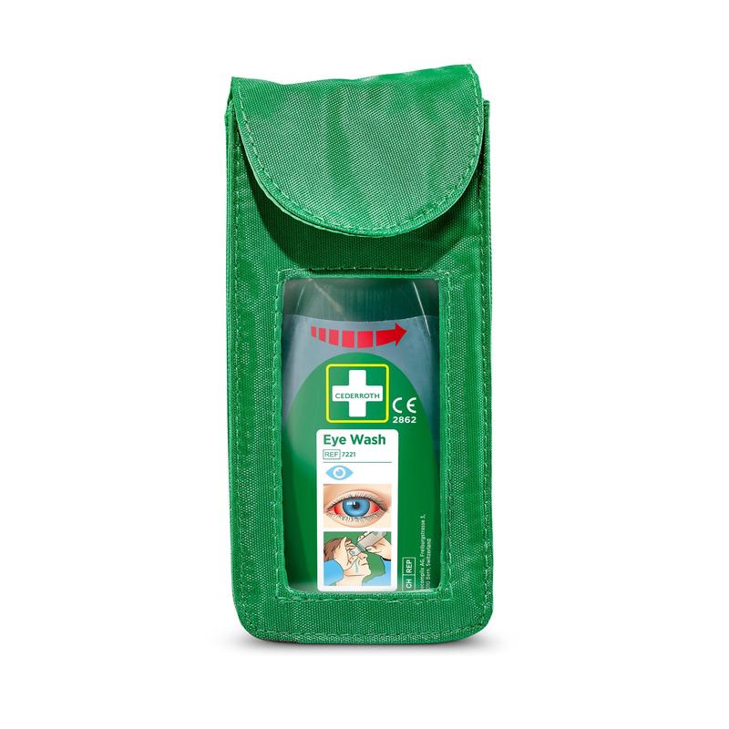 A green Cederroth eye wash bottle in an Orkla Wound Care AB holster for Cederroth eye wash pouch model (Ref 7221). With flap, front label with eye image, instructions for use, and opening arrow. Suitable for holster Ref 7221.