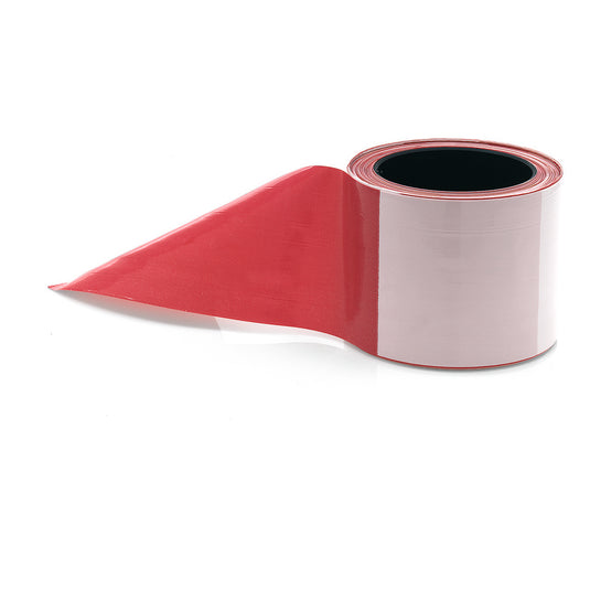 Das Nölle Profi Brush Absperrband rot/weiß (500 m x 80 mm) von Nölle Profi Brush Bürsten- & Pinseltechnik e.K. ist ein rot-weißes Absperrband, ideal zur Kennzeichnung von Gefahrenbereichen. Die Rolle steht aufrecht auf weißem Grund.
