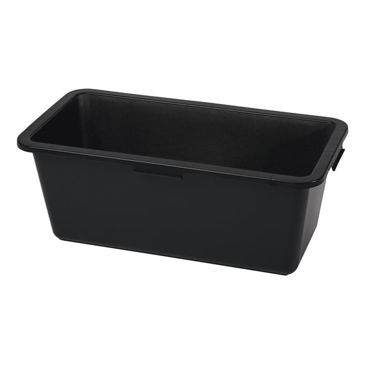 Der Nölle Profi Brush Mörtelkasten Kunststoff schwarz von Nölle Profi Brush Bürsten- & Pinseltechnik e.K. ist ein rechteckiger schwarzer Mülleimer mit abgeschrägten Seiten und einem oberen Rand, ideal als Baustellen Zubehör, abgebildet auf einem schlichten weißen Hintergrund.