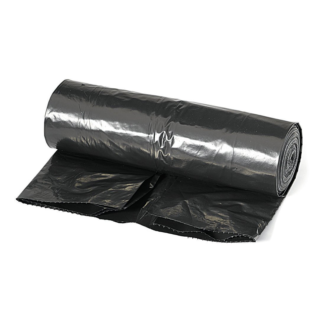 A jumbo garbage bag 240L, 60my, black from Nölle Profi Brush Bürsten- & Pinseltechnik e.K. is partially unrolled and shows the shiny surface as well as perforated edges of this robust trash bag.