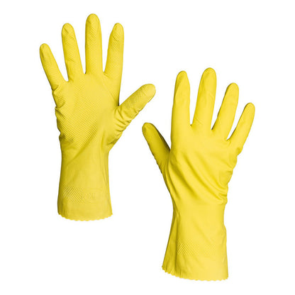 A pair of yellow Nölle Profi Brush latex household gloves from Nölle Profi Brush Bürsten- & Pinseltechnik e.K., with a textured palm and extended cuffs - perfect for daily cleaning tasks.