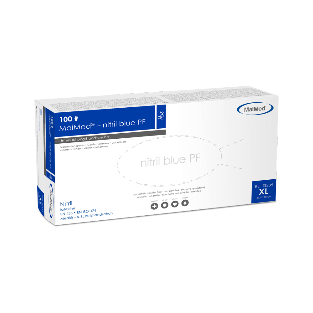 MaiMed-nítríle gorm PF Gorm, neamh-steiriúil, púdar. Lámhainní saor ó laitéis 100 píosa/bosca