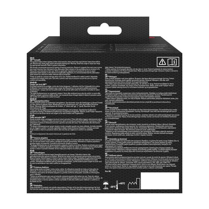 The image shows the back of a black 3M™ capsule hearing protector with foldable headband 90563E box (SNR 30 dB, 1 piece, from 3M Deutschland GmbH) with multilingual white text, warning symbols, and temperature range graphics.