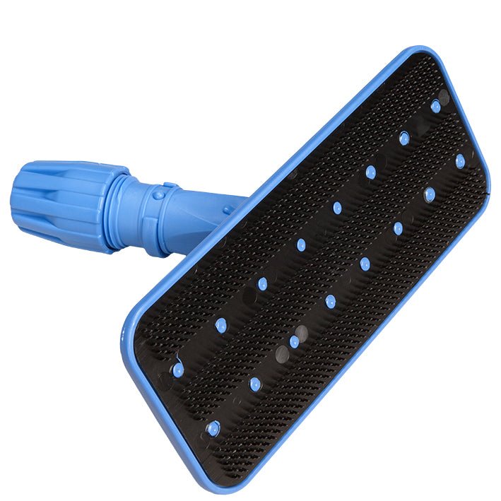 The Diversey edge cleaning device is a rectangular black brush head with blue edges and handle, short bristles, and a rotating connection - ideal for effective edge cleaning when used with hand pads and compatible Vario or plastic handles.