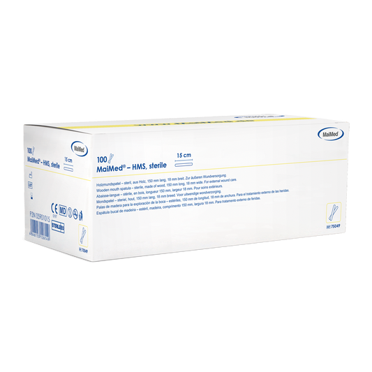 MaiMed - HMS depressor béal adhmaid steiriúil, 15cm ar fad, 100x1 ríomhaire. pacáilte steiriúla | Bosca (100 píosa)